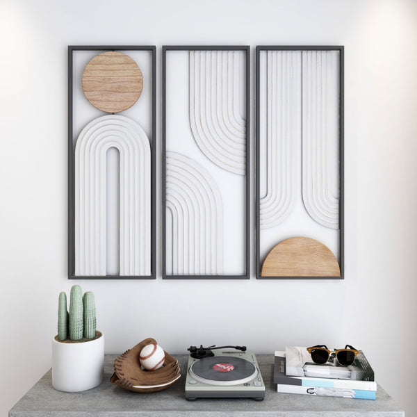 HomeRoots Set of Three Geometric Metal and Wood Hanging Sculptures - Modern Wall Art for Rustic Spaces 574025