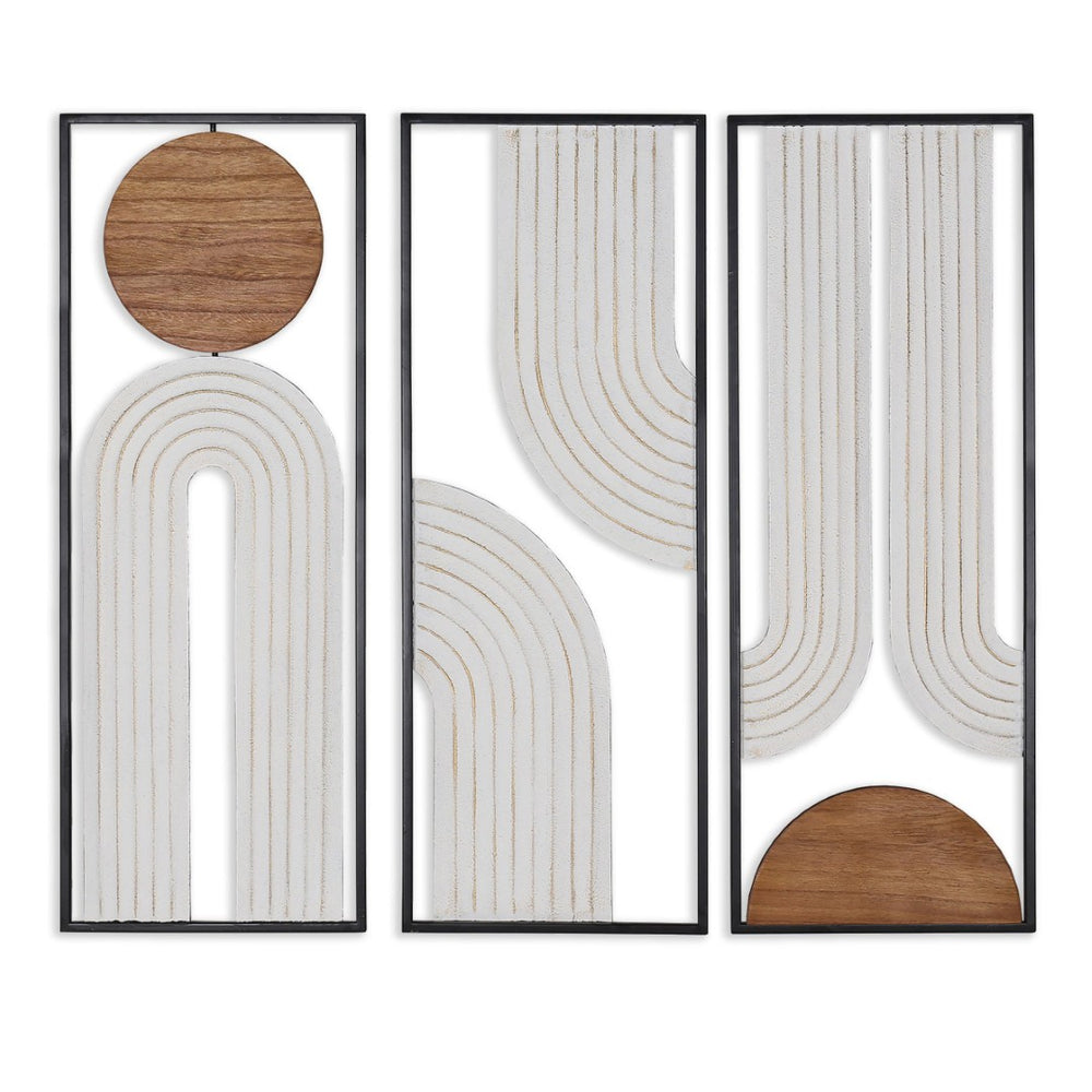 HomeRoots Set of Three Geometric Metal and Wood Hanging Sculptures - Modern Wall Art for Rustic Spaces 574025