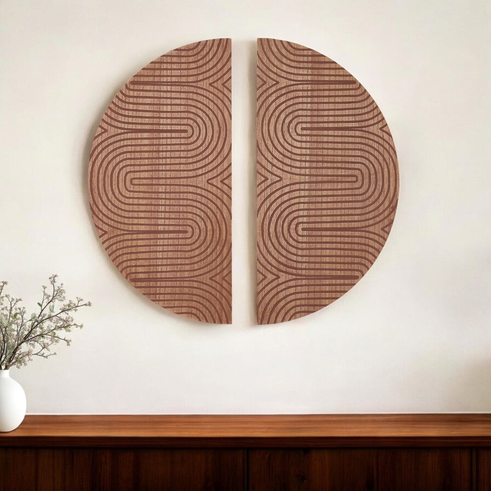 HomeRoots Set of Two Brown Wood Wall Sculptures - Modern Half-Moon Design for Contemporary Home Décor 574026