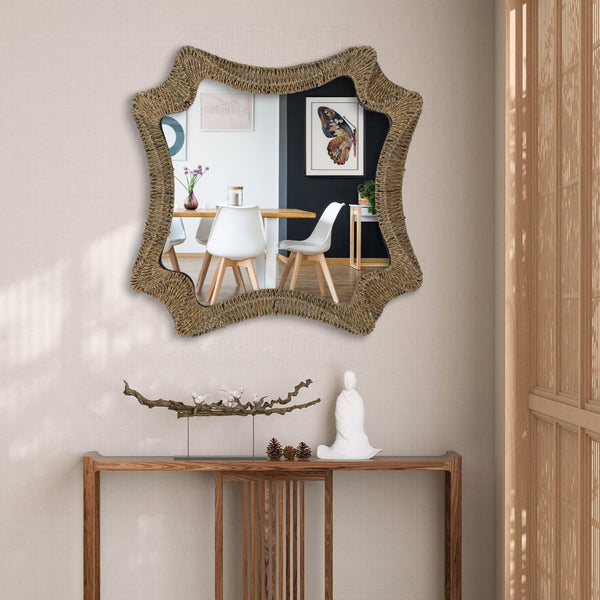 HomeRoots 38" Brown Abstract Floating Rope Framed Accent Mirror - Coastal Charm for Stylish Home Decor 574027