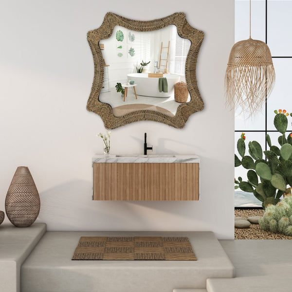 HomeRoots 38" Brown Abstract Floating Rope Framed Accent Mirror - Coastal Charm for Stylish Home Decor 574027