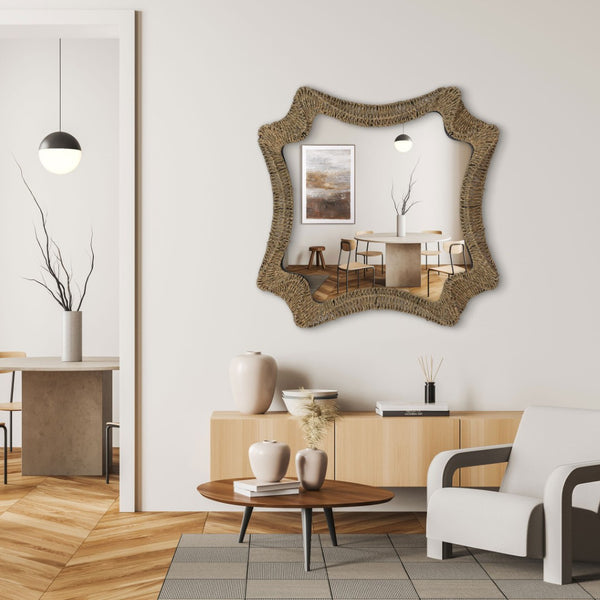 HomeRoots 38" Brown Abstract Floating Rope Framed Accent Mirror - Coastal Charm for Stylish Home Decor 574027