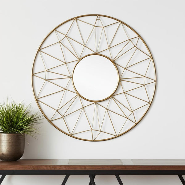 HomeRoots 32" Gold Metal Round Accent Mirror – Elegant Sunburst Design for Brightening Any Room Decor 574028