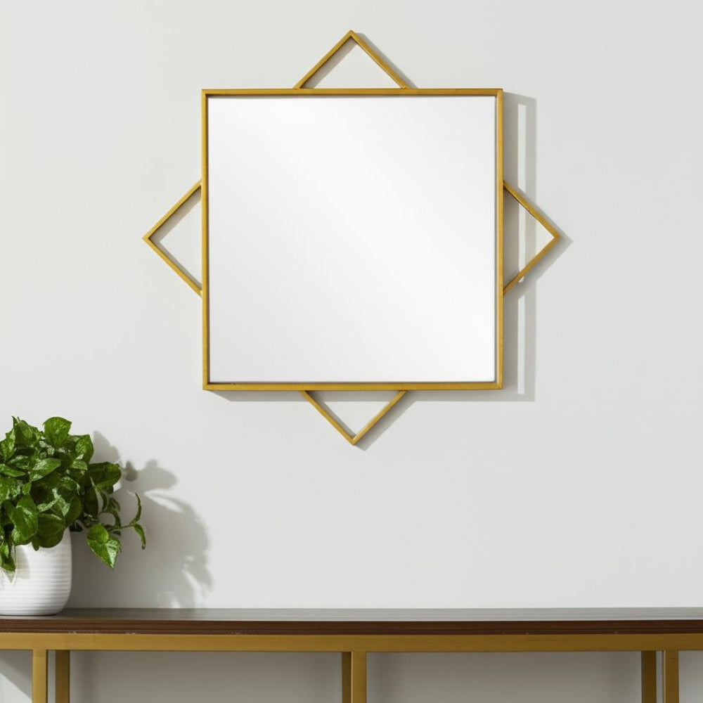 HomeRoots 24" Gold Metal Geo Square Accent Mirror - Modern Geometric Design for Stylish Home Décor & Brightening Spaces 574029