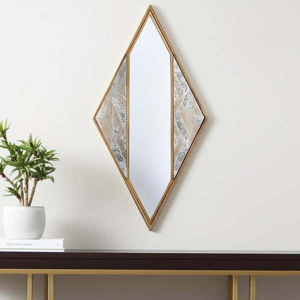 HomeRoots 38" Geometric Brass and Silver Mixed Metal Accent Mirror - Modern Diamond Design for Any Space 574031
