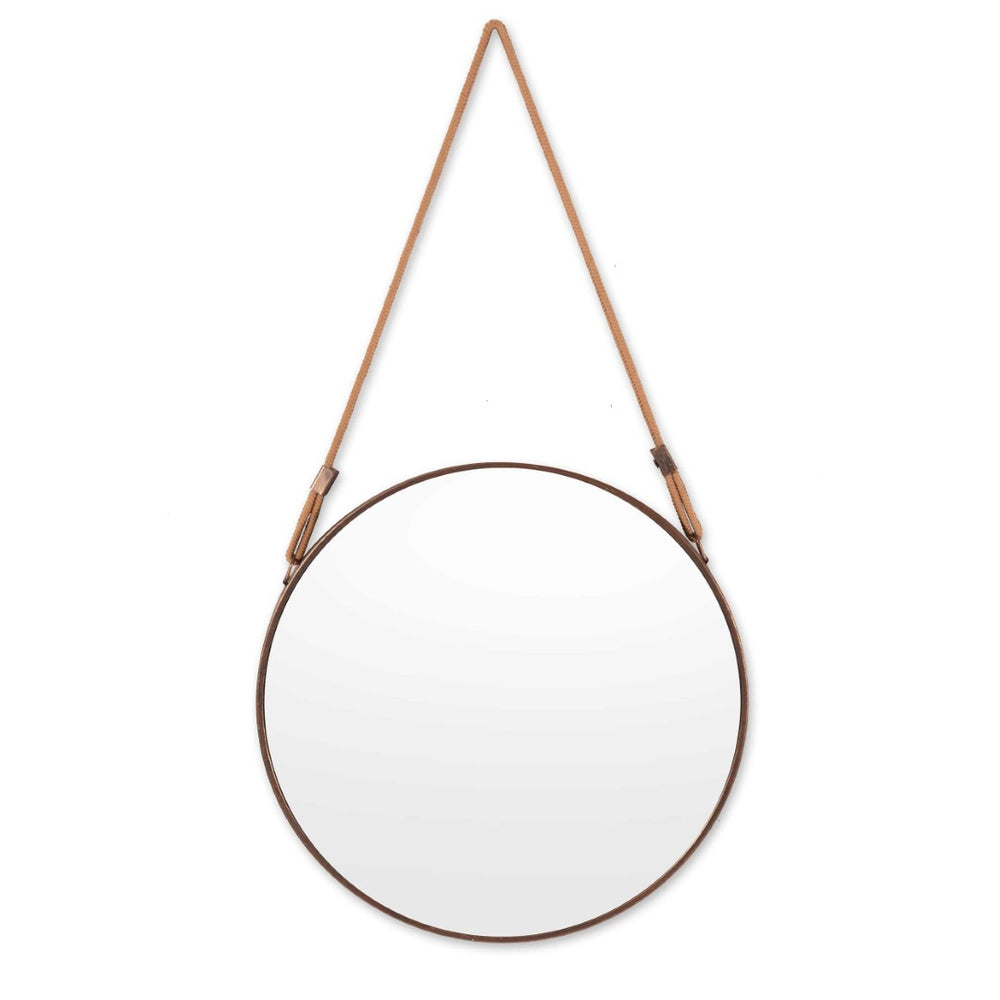 HomeRoots 19" Copper Metal Round Hanging Accent Mirror with Rope Hanger for Modern Home Decor & Style 574032