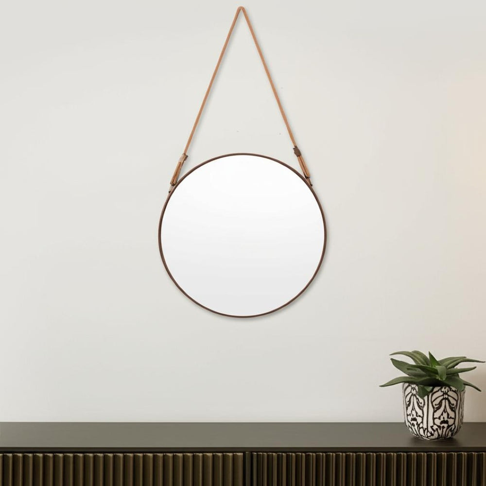 HomeRoots 19" Copper Metal Round Hanging Accent Mirror with Rope Hanger for Modern Home Decor & Style 574032