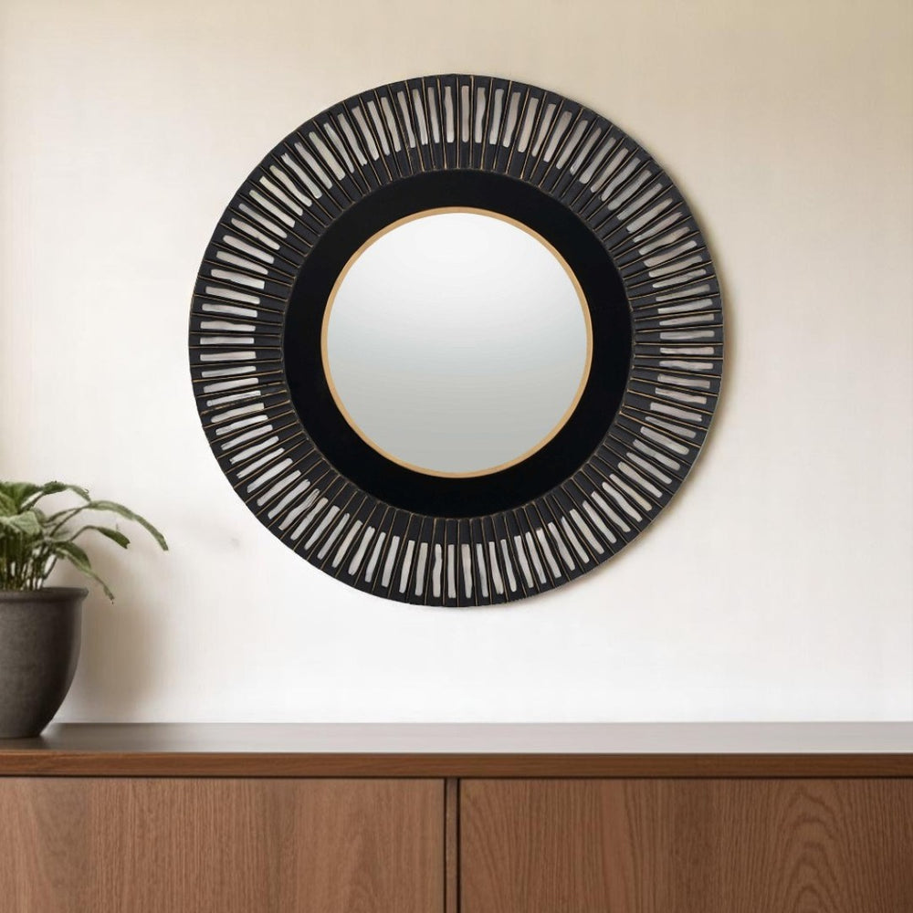 HomeRoots 36" Black Metal Round Pierced Accent Mirror - Modern Elegance with Gold Accents for Chic Interiors 574037