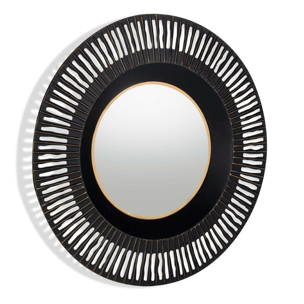HomeRoots 36" Black Metal Round Pierced Accent Mirror - Modern Elegance with Gold Accents for Chic Interiors 574037