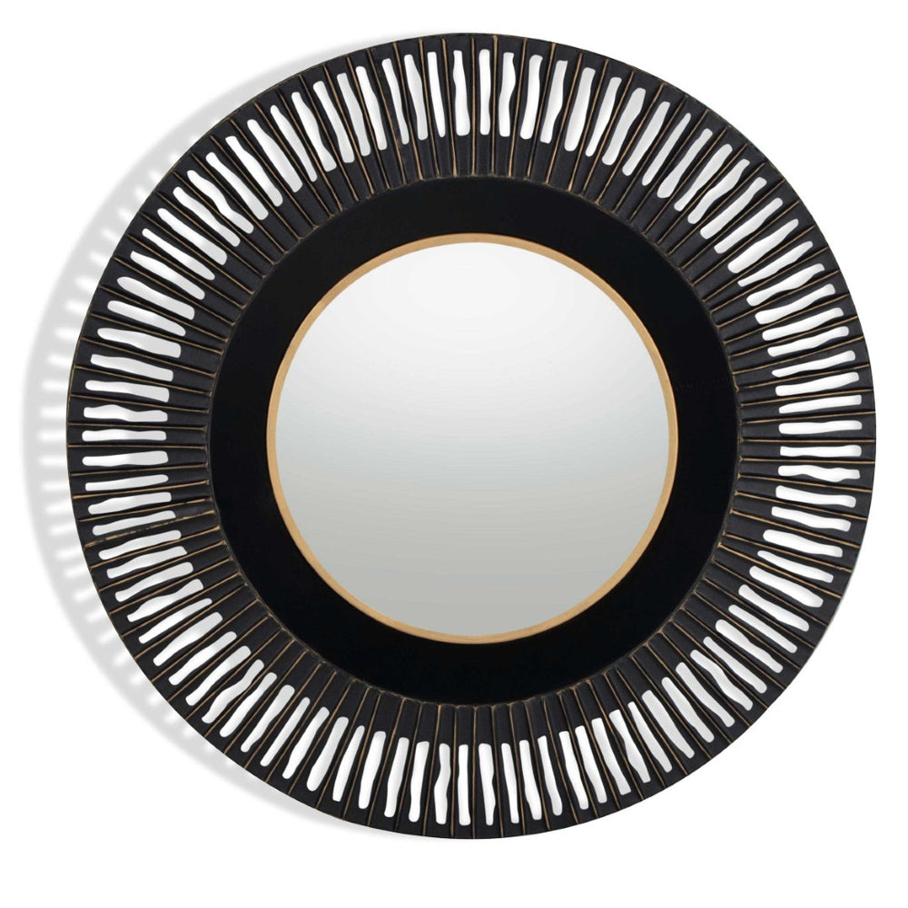 HomeRoots 36" Black Metal Round Pierced Accent Mirror - Modern Elegance with Gold Accents for Chic Interiors 574037