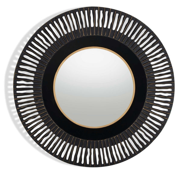 HomeRoots 36" Black Metal Round Pierced Accent Mirror - Modern Elegance with Gold Accents for Chic Interiors 574037