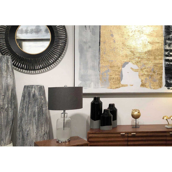 HomeRoots 36" Black Metal Round Pierced Accent Mirror - Modern Elegance with Gold Accents for Chic Interiors 574037