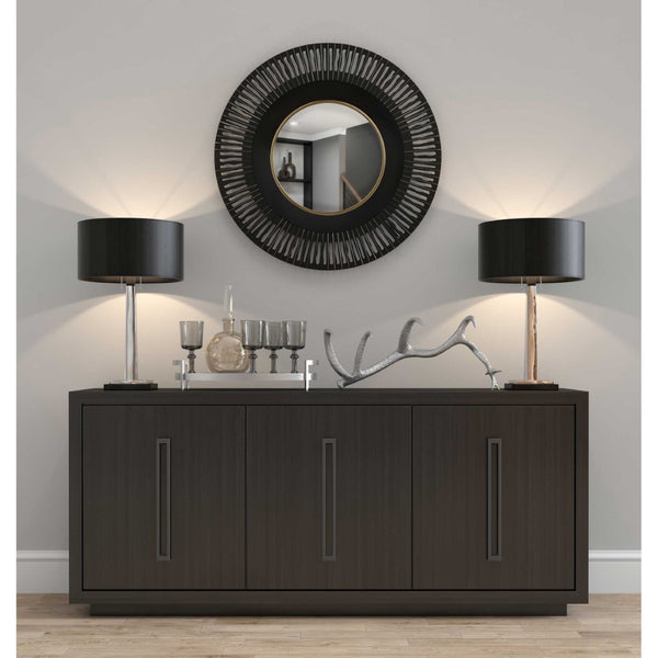 HomeRoots 36" Black Metal Round Pierced Accent Mirror - Modern Elegance with Gold Accents for Chic Interiors 574037
