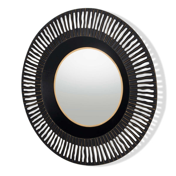 HomeRoots 36" Black Metal Round Pierced Accent Mirror - Modern Elegance with Gold Accents for Chic Interiors 574037