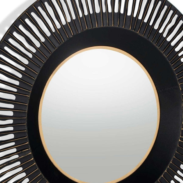 HomeRoots 36" Black Metal Round Pierced Accent Mirror - Modern Elegance with Gold Accents for Chic Interiors 574037