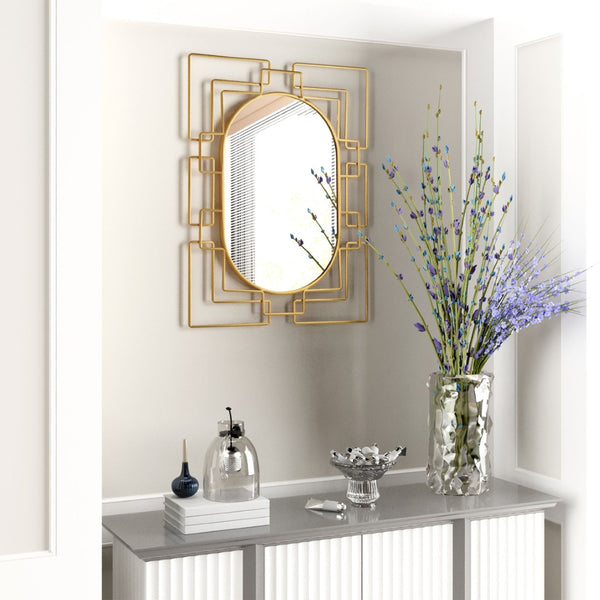 HomeRoots 36" Gold Metal Geometric Oval Accent Mirror - Stylish Art-Deco Decor for Living Spaces & Entryways 574039