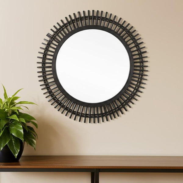 HomeRoots 31" Black Bamboo Round Accent Mirror - Eco-Friendly Geometric Design for Modern Home Décor & Style 574043