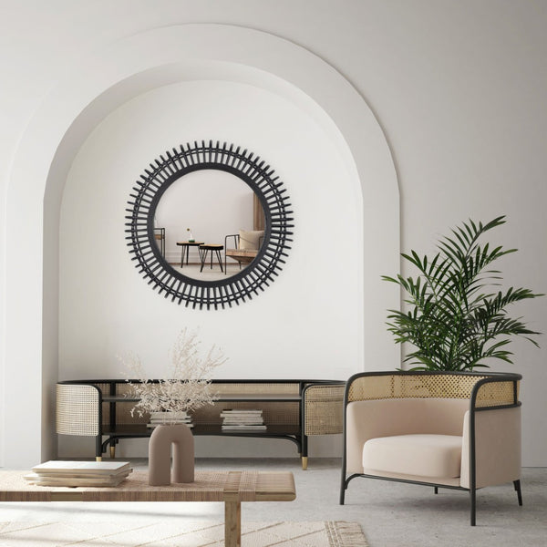 HomeRoots 31" Black Bamboo Round Accent Mirror - Eco-Friendly Geometric Design for Modern Home Décor & Style 574043