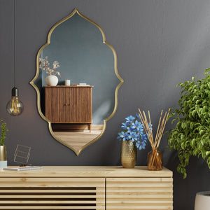 HomeRoots 32" Gold Abstract Metal Framed Accent Mirror - Contemporary Sculpture for Entryway & Living Spaces 574045