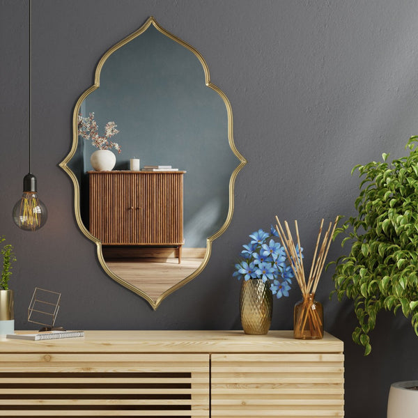 HomeRoots 32" Gold Abstract Metal Framed Accent Mirror - Contemporary Sculpture for Entryway & Living Spaces 574045