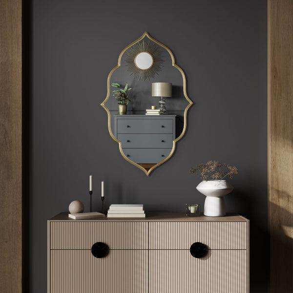 HomeRoots 32" Gold Abstract Metal Framed Accent Mirror - Contemporary Sculpture for Entryway & Living Spaces 574045