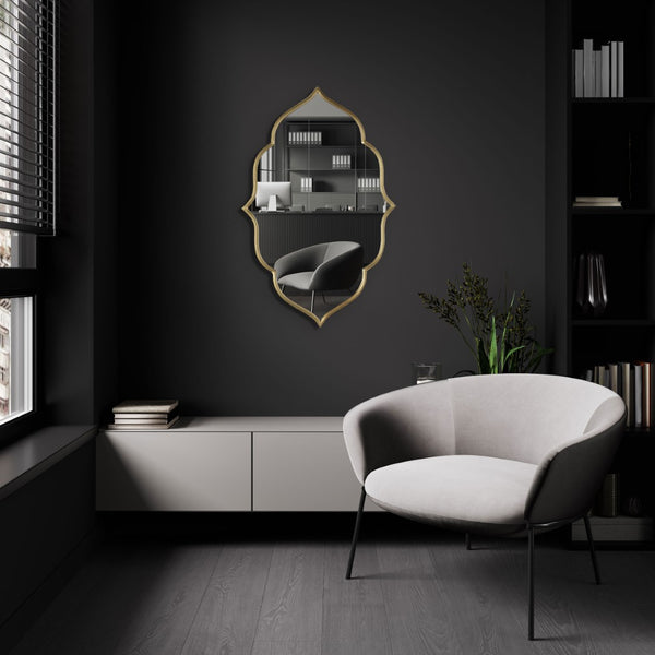 HomeRoots 32" Gold Abstract Metal Framed Accent Mirror - Contemporary Sculpture for Entryway & Living Spaces 574045