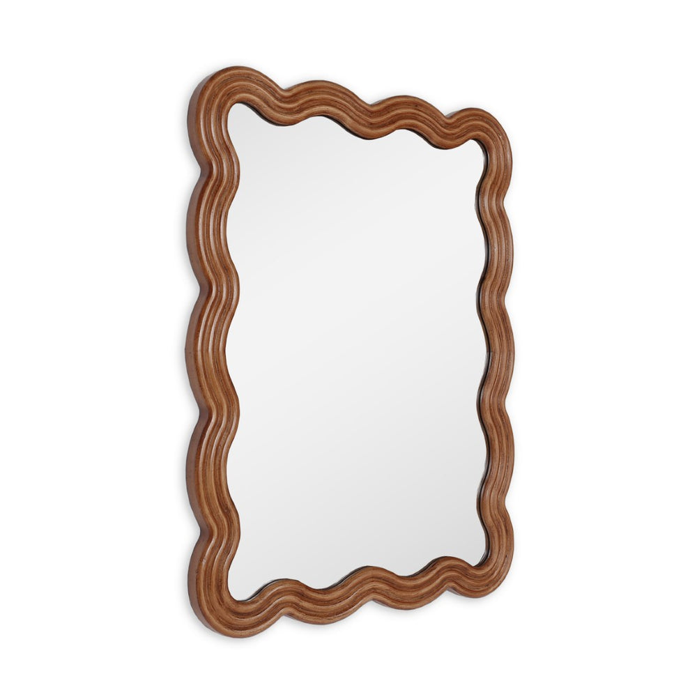 HomeRoots 32" Brown Wood Wavy Scalloped Accent Mirror – Contemporary Design for Entryways, Living Rooms & More! 574051