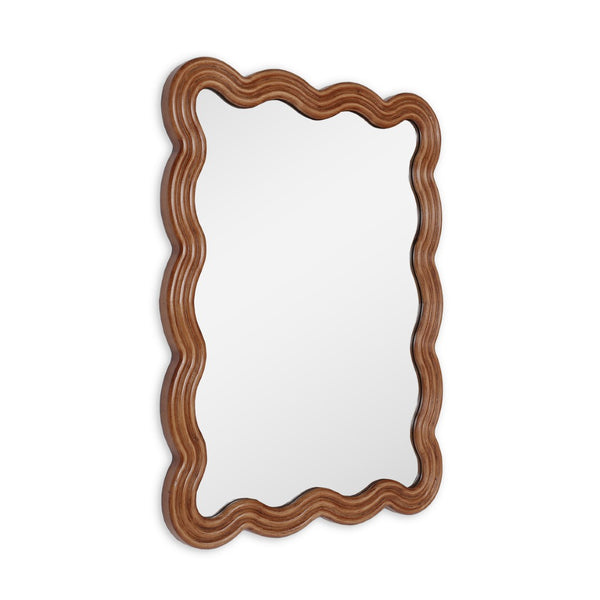 HomeRoots 32" Brown Wood Wavy Scalloped Accent Mirror – Contemporary Design for Entryways, Living Rooms & More! 574051