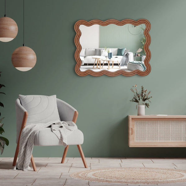 HomeRoots 32" Brown Wood Wavy Scalloped Accent Mirror – Contemporary Design for Entryways, Living Rooms & More! 574051