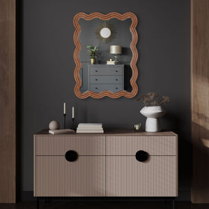 HomeRoots 32" Brown Wood Wavy Scalloped Accent Mirror – Contemporary Design for Entryways, Living Rooms & More! 574051