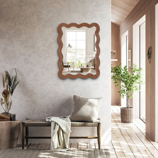 HomeRoots 32" Brown Wood Wavy Scalloped Accent Mirror – Contemporary Design for Entryways, Living Rooms & More! 574051
