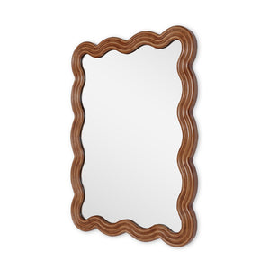 HomeRoots 32" Brown Wood Wavy Scalloped Accent Mirror – Contemporary Design for Entryways, Living Rooms & More! 574051