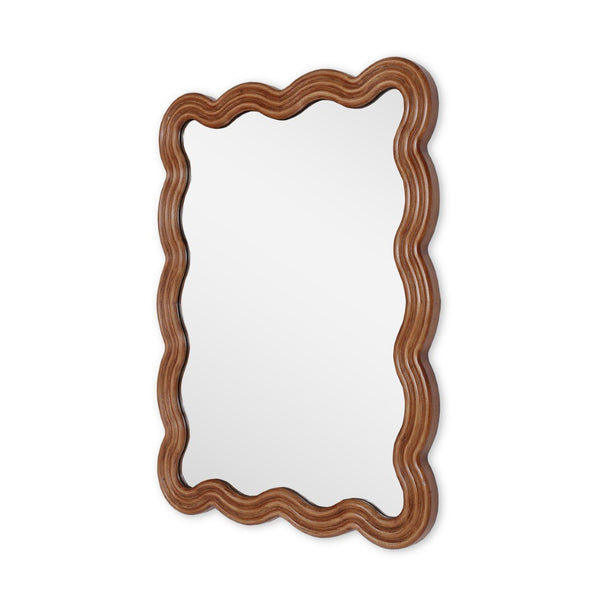 HomeRoots 32" Brown Wood Wavy Scalloped Accent Mirror – Contemporary Design for Entryways, Living Rooms & More! 574051