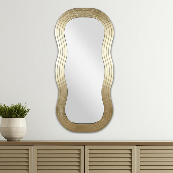 HomeRoots 48" Gold Wood Abstract Accent Mirror - Stylish Wavy Design for Modern Spaces, Easy to Hang & Durable 574052