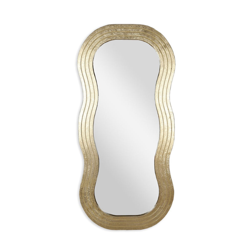 HomeRoots 48" Gold Wood Abstract Accent Mirror - Stylish Wavy Design for Modern Spaces, Easy to Hang & Durable 574052