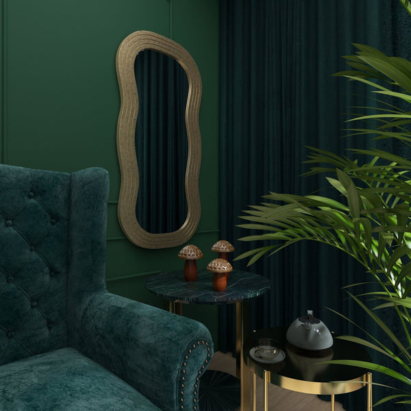 HomeRoots 48" Gold Wood Abstract Accent Mirror - Stylish Wavy Design for Modern Spaces, Easy to Hang & Durable 574052