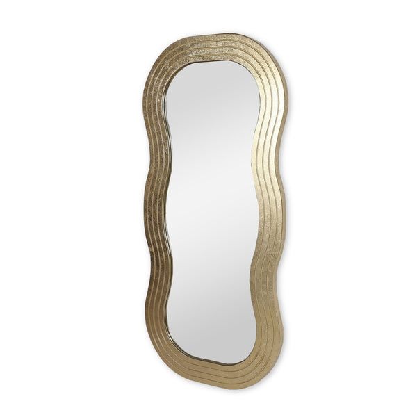 HomeRoots 48" Gold Wood Abstract Accent Mirror - Stylish Wavy Design for Modern Spaces, Easy to Hang & Durable 574052