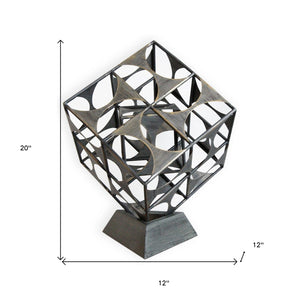 HomeRoots 20" Gray Metal Geo Cube Tabletop Sculpture - Modern Industrial Accent for Home Decor & Gift Ideas 574053