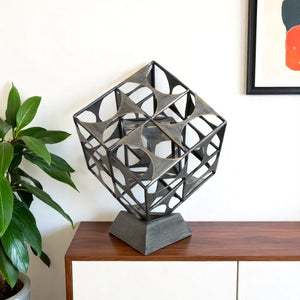 HomeRoots 20" Gray Metal Geo Cube Tabletop Sculpture - Modern Industrial Accent for Home Decor & Gift Ideas 574053