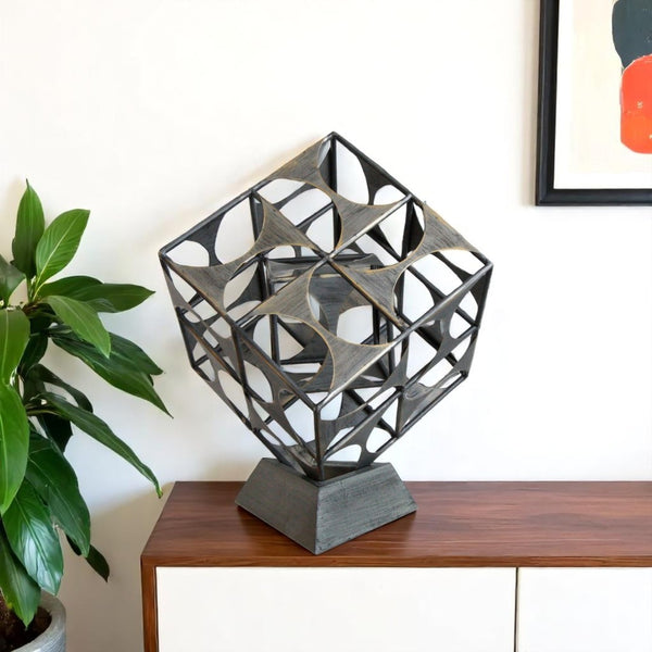 HomeRoots 20" Gray Metal Geo Cube Tabletop Sculpture - Modern Industrial Accent for Home Decor & Gift Ideas 574053