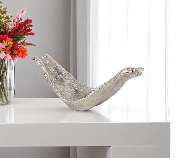 HomeRoots 11" Silver Aluminum Sculptural Bowl - Organic Design with Textured Finish for Modern Decor Elegance 574056