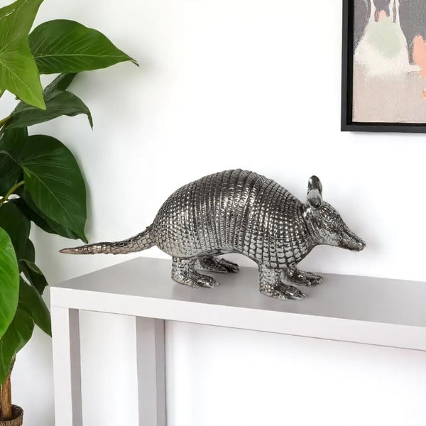 HomeRoots 18" Silver Resin Armadillo Figurine - Whimsical Wildlife Accent for Modern Home Decor & Gifts 574057
