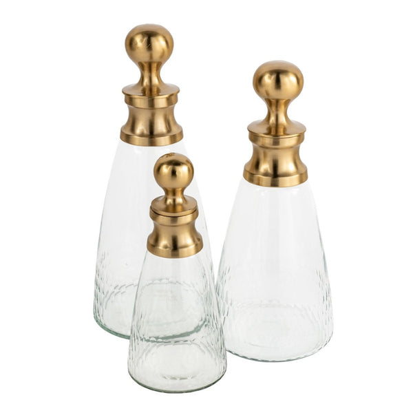 HomeRoots Set of Three Gold Glass Bottle Sculptures - Elegant Tabletop Decor for Modern Glam Home Accents 574067