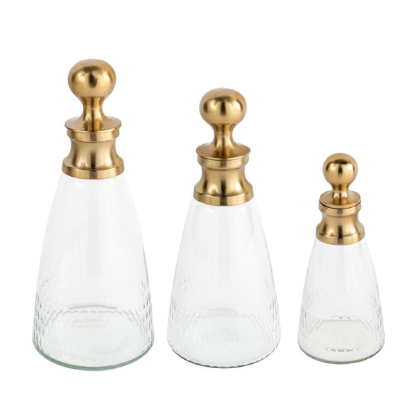 HomeRoots Set of Three Gold Glass Bottle Sculptures - Elegant Tabletop Decor for Modern Glam Home Accents 574067