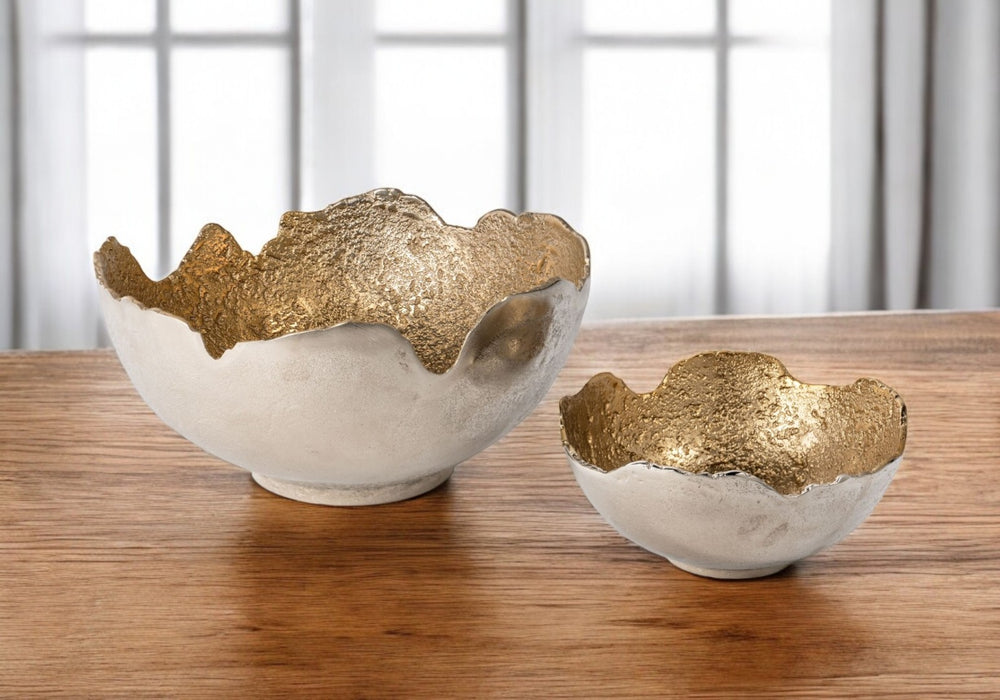 HomeRoots Set of Two Gold and Silver Decorative Bowls - Sculptural Aluminum Decor for Elegant Home Styling 574070