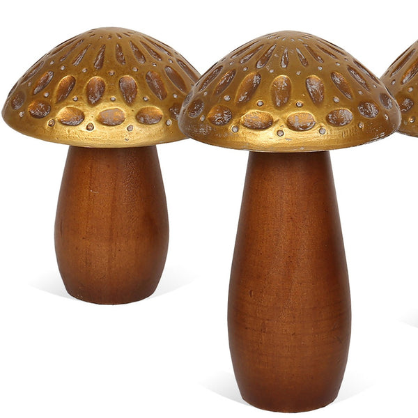 Homeroots Set Of Three Whimsical Brown & Gold Wood Mushroom Tabletop Sculptures For Nature-inspired Decor  Wood 574096
