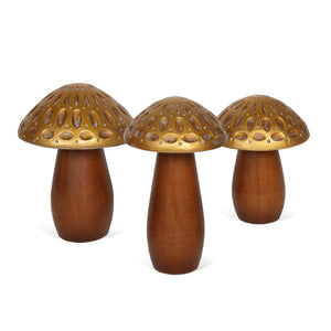 Homeroots Set Of Three Whimsical Brown & Gold Wood Mushroom Tabletop Sculptures For Nature-inspired Decor  Wood 574096