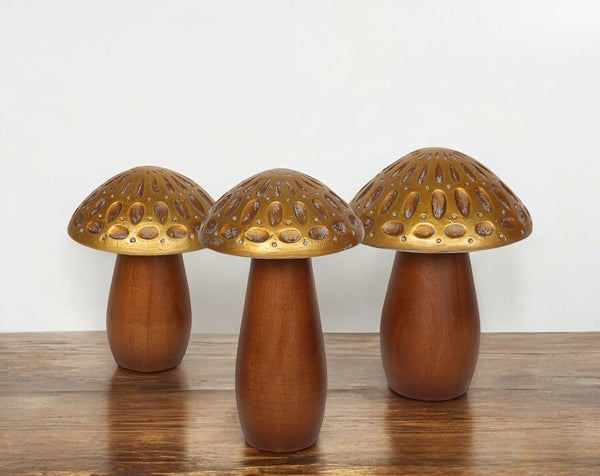Homeroots Set Of Three Whimsical Brown & Gold Wood Mushroom Tabletop Sculptures For Nature-inspired Decor  Wood 574096