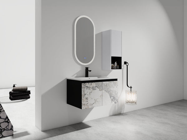 English Elm 30" Wall-Mounted Bathroom Vanity Set With Ceramic Sink, Soft-Close Doors & Ample Storage Solution W999S00331
