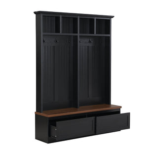 English Elm Rattan Door Hall Tree Bench with 6 Hooks Farmhouse Entryway Storage Black + Dark Walnut N721S000076B